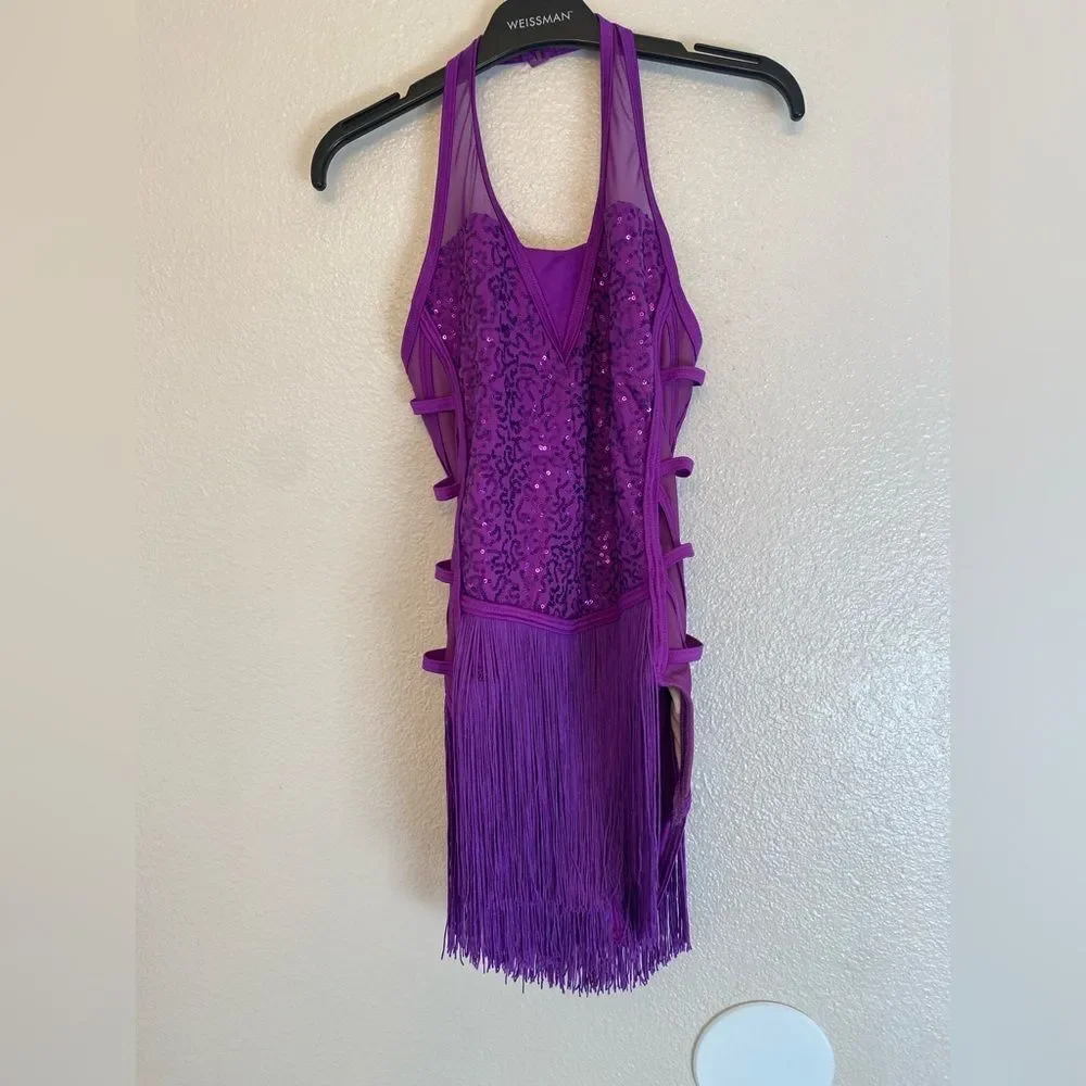 WEISSMAN Dance purple sequin fringe Costume Sequin Fringe Halter Dress D11806 SA